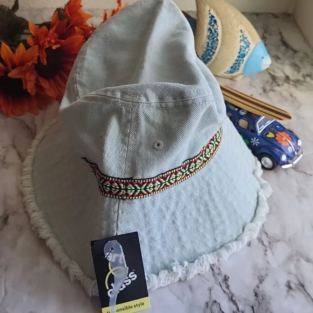 Light Blue Denim Bucket Hat Patterned Band Summer Fashion Hat